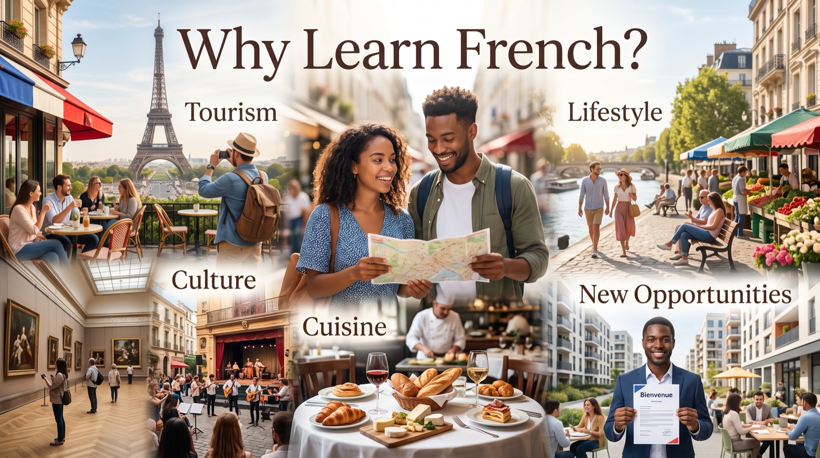 Why learn French? Tourism, lifestyle, culture, cuisine and new opportunities: a couple with a city map in Paris, café terraces, a museum, a market and a graduate holding a welcome letter.